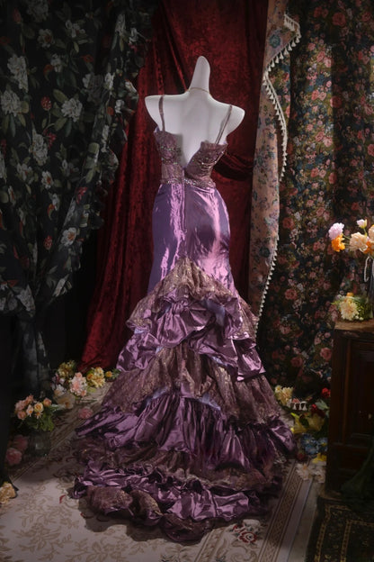 Elegant Mermaid Spaghetti Strap Purple With Beading Tiered Long Prom Dresses Formal Outfit Evening Night Dress RB8051