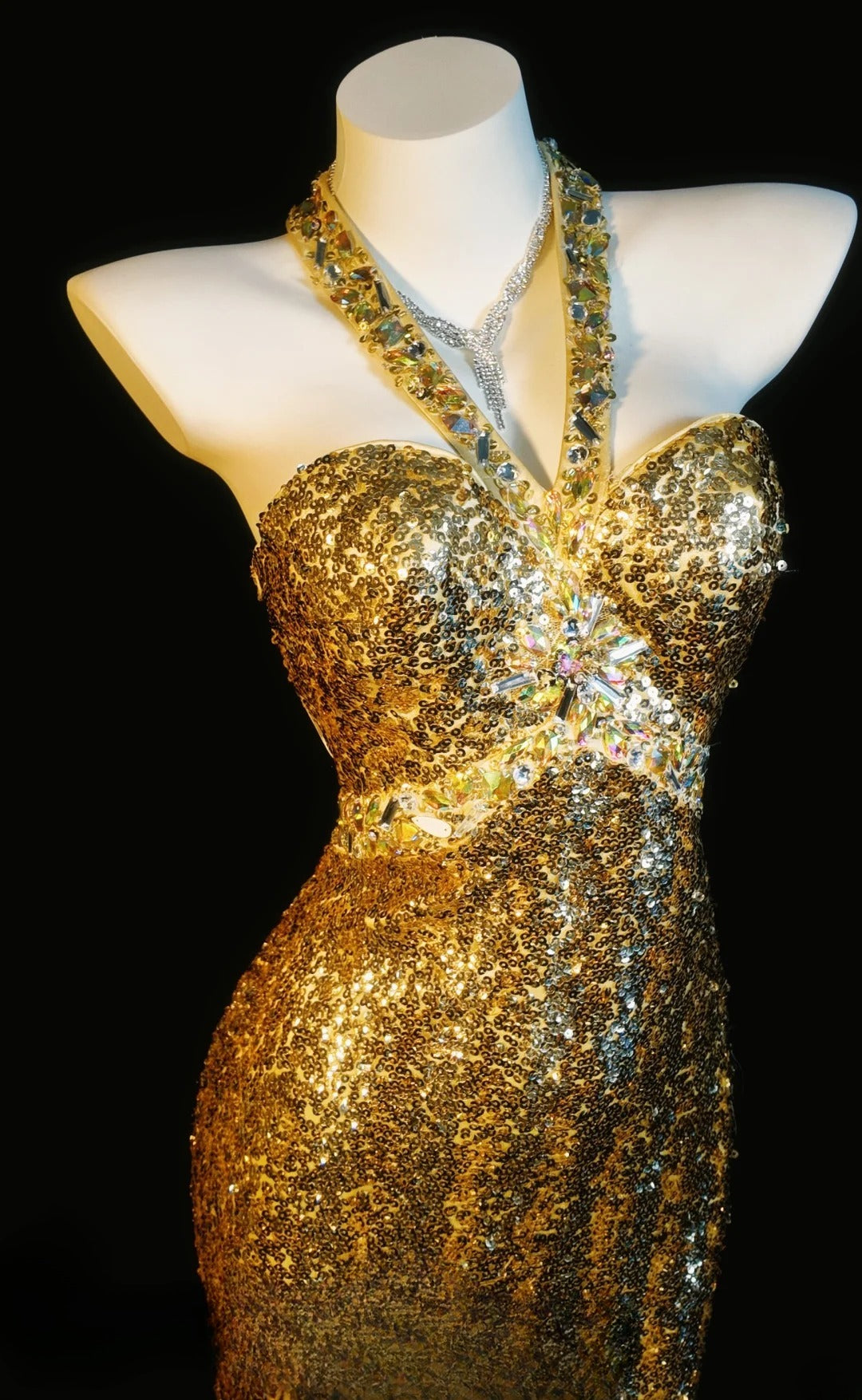 Sequin Prom Dress Mermaid Halter Gold Backless With Beading Modest Floor Length Formal Party Gown RB9831