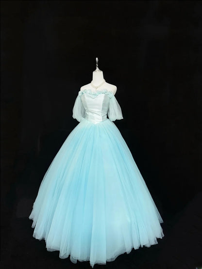 Magical Ball Gown Off The Shoulder Blue Tulle With Sleeves Quince Dress Voluminous Sweet 16 Quinceanera Dresses Vestido de RB7397