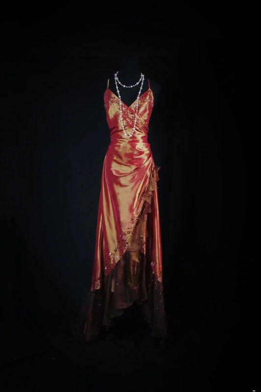 Vintage Prom Dresses 90s Formal Mermaid Spaghetti Straps Coral Satin With Beadings Cape Long Party Gowns Prom Dresses AS026