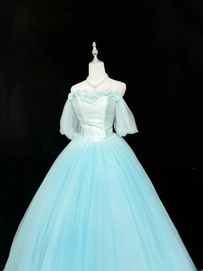 Magical Ball Gown Off The Shoulder Blue Tulle With Sleeves Quince Dress Voluminous Sweet 16 Quinceanera Dresses Vestido de RB7397