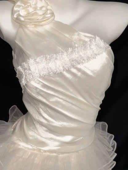 Ethereal Sheath One Shoulder Short Ivory Satin With Lace Summer Wedding Dresses RB3368