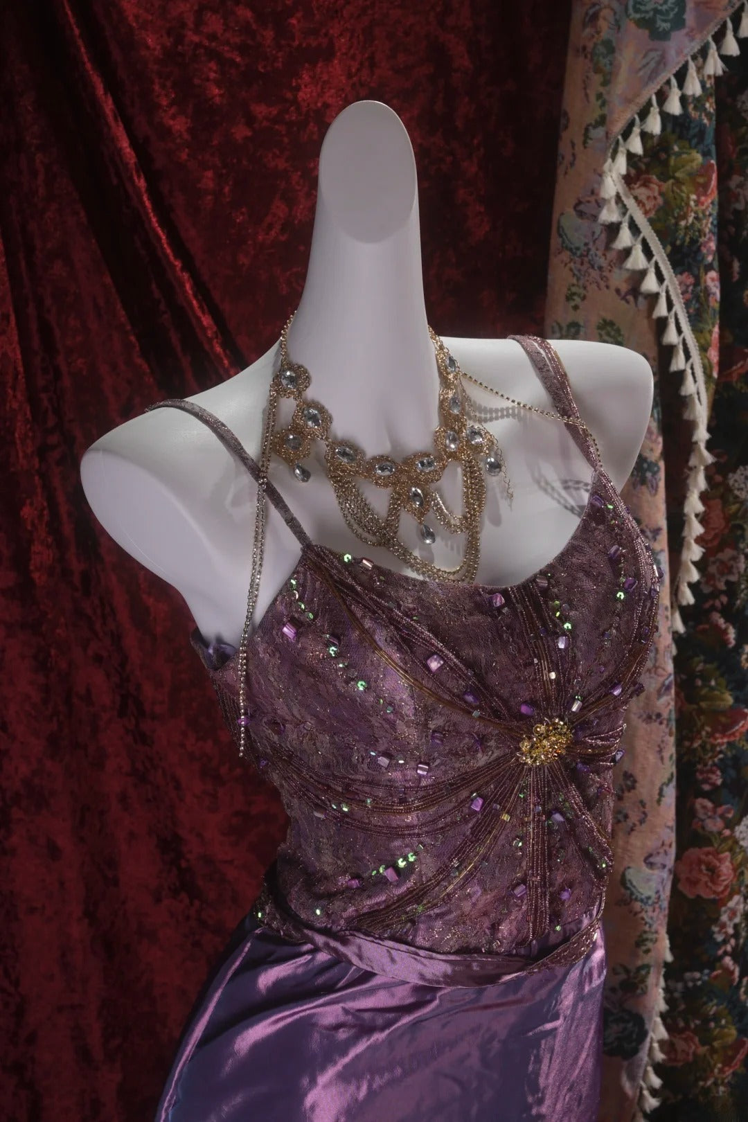 Elegant Mermaid Spaghetti Strap Purple With Beading Tiered Long Prom Dresses Formal Outfit Evening Night Dress RB8051