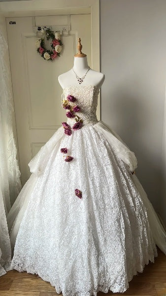 Sweet 16 Dresses Long Strapless White Lace Floor Length Ball Gown Sweet Sixteen Birthday Gown RC0397