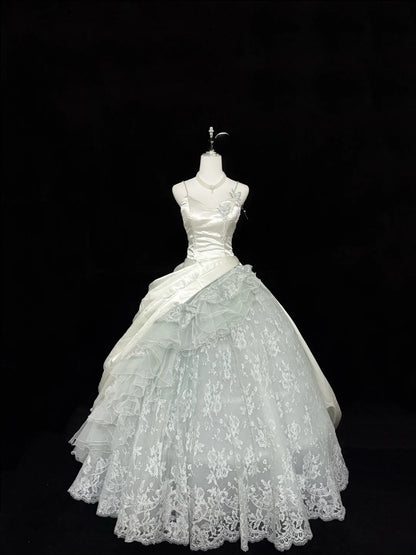 Magical Ball Gown Spaghetti Strap Gray Tulle With Ruffled Quince Dress Voluminous Sweet 16 Sweet Sixteen Outfits Vestido de RB7398