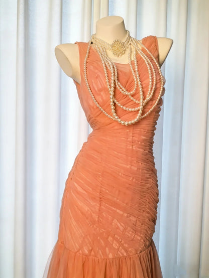 Vintage 90s Mermaid V Neck Orange Tulle For Women Party Dresses Long Prom Dress 21st Birthday Outfits AS027