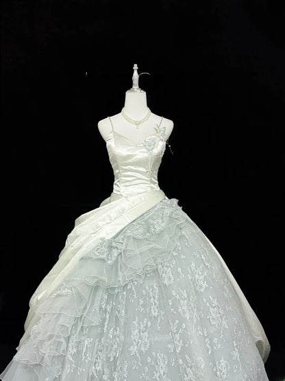 Magical Ball Gown Spaghetti Strap Gray Tulle With Ruffled Quince Dress Voluminous Sweet 16 Sweet Sixteen Outfits Vestido de RB7398