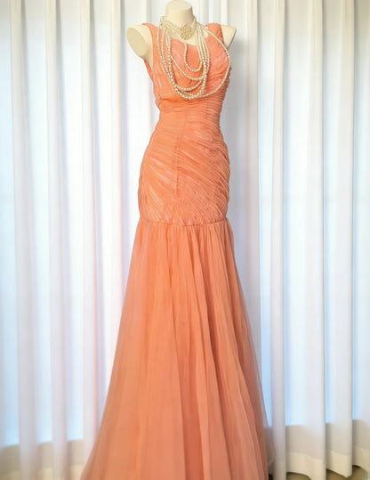 Vintage 90s Mermaid V Neck Orange Tulle For Women Party Dresses Long Prom Dress 21st Birthday Outfits AS027