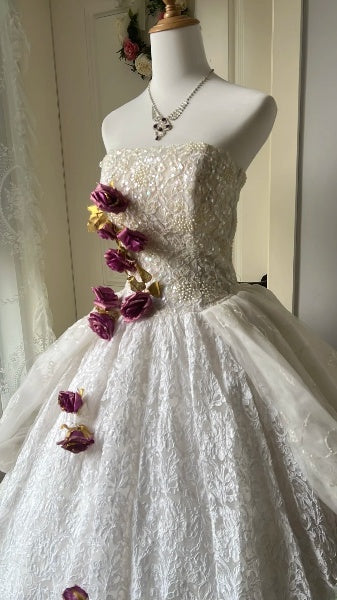 Sweet 16 Dresses Long Strapless White Lace Floor Length Ball Gown Sweet Sixteen Birthday Gown RC0397