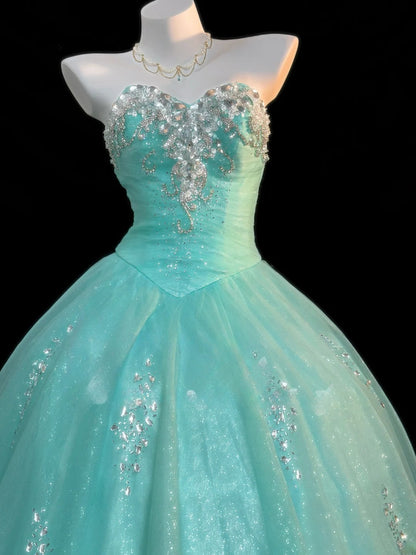 Cute Ball Gown Strapless Blue Tulle With Silver Beading Long Quinceanera Dress vestido de 15 de cenicienta RB3369