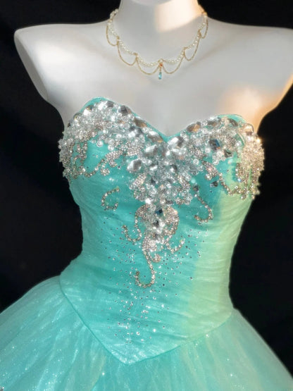 Cute Ball Gown Strapless Blue Tulle With Silver Beading Long Quinceanera Dress vestido de 15 de cenicienta RB3369