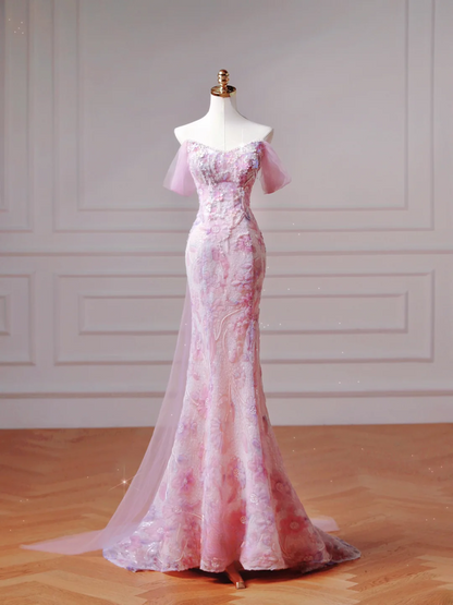 Modest Prom Dresses Aesthetic Mermaid Sweetheart Pink Floral Corset Fitted Impress Long Party Formal Gown For Teens High Schools Girls AQ027