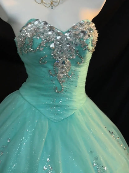 Cute Ball Gown Strapless Blue Tulle With Silver Beading Long Quinceanera Dress vestido de 15 de cenicienta RB3369