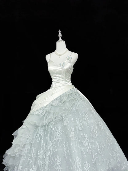 Magical Ball Gown Spaghetti Strap Gray Tulle With Ruffled Quince Dress Voluminous Sweet 16 Sweet Sixteen Outfits Vestido de RB7398