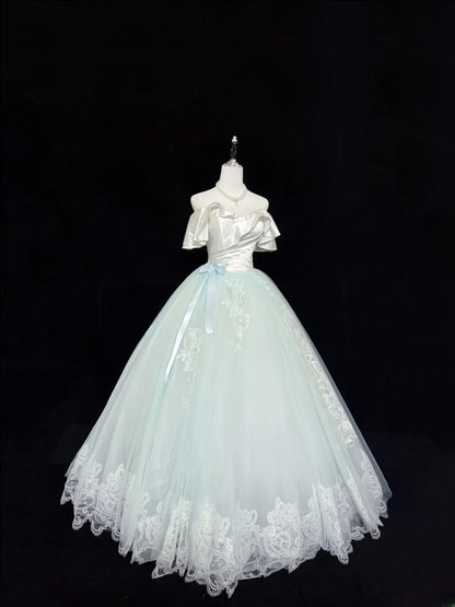 Magical Ball Gown Off The Shoulder Light Mint Green With Lace Appliqued Quince Dress Voluminous Sweet 16 Quinceanera Dresses Vestido de RB7399
