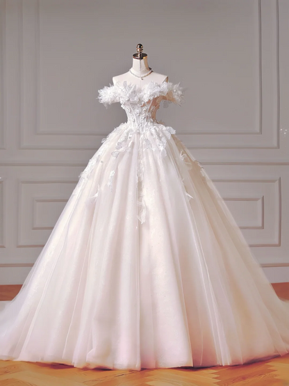 Princess Long Wedding Gowns Ball Gown Off The Shoulder Tulle For Bride With Short Sleeves Lace Bodice Bridal Dress AQ028