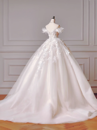 Princess Long Wedding Gowns Ball Gown Off The Shoulder Tulle For Bride With Short Sleeves Lace Bodice Bridal Dress AQ028