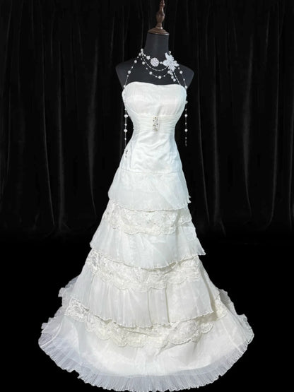 Timeless Women's A Line Strapless Sleeveless White Lace Tiered Long Vintage Fitted 1920s Wedding Dresses AS028