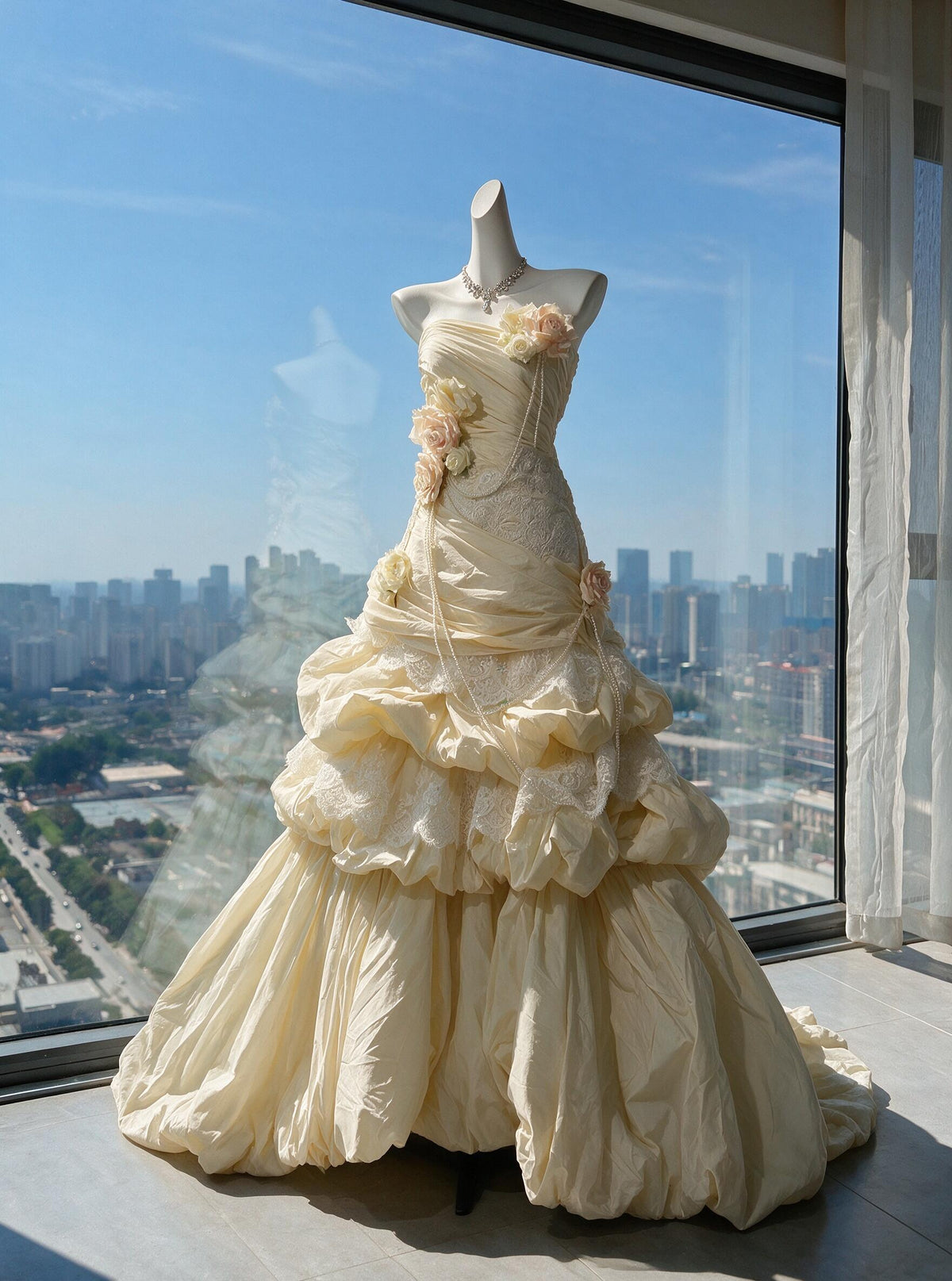Prom Dress Mermaid Strapless Yellow Taffeta With Flowers Tiered Long Graduation Party Dress RC0989