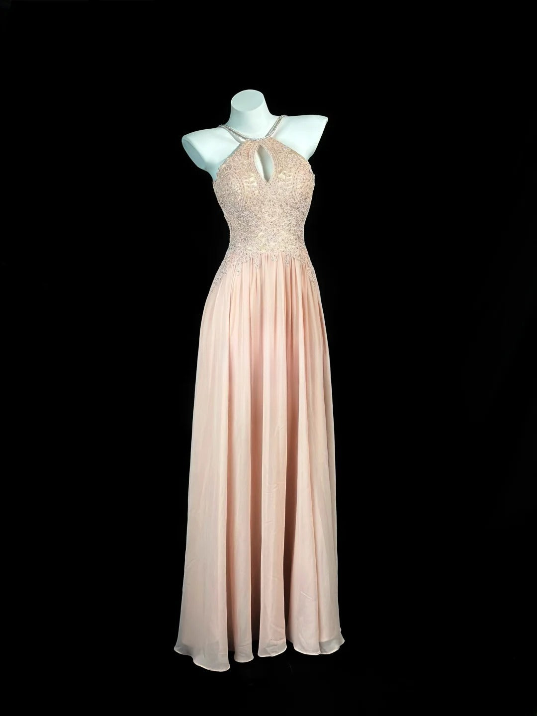 Modest Prom Dresses A line Halter Chiffon Blush Pink With Lace Evening Dress Formal Outfits RB5838