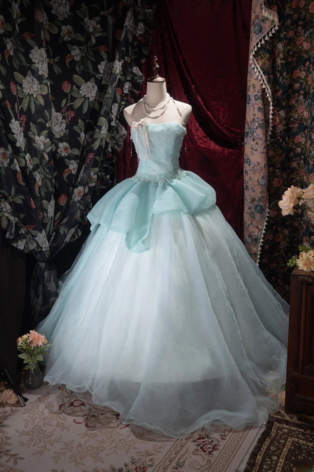 Sweet Ball Gown Strapless Tiffany Blue Tulle With Pearls Long Quince Dress Quinceanera Dresses Formal Birthday Outfits RB8054
