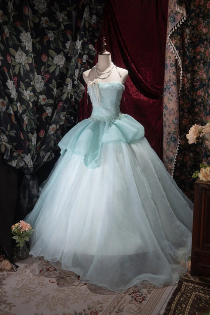 Sweet Ball Gown Strapless Tiffany Blue Tulle With Pearls Long Quince Dress Quinceanera Dresses Formal Birthday Outfits RB8054