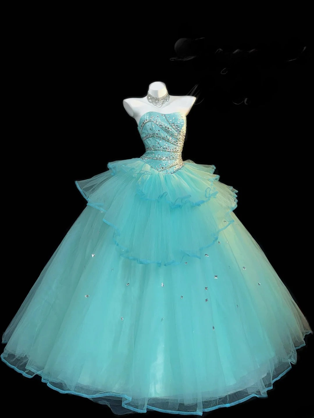 Cute Ball Gown Strapless Blue Tulle With Silver Beading Long Quinceanera Dress vestido de 15 de cenicienta RB3371