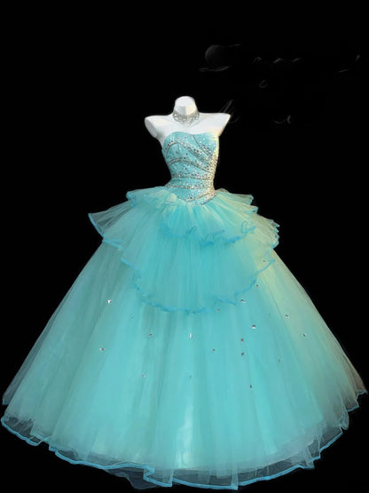 Cute Ball Gown Strapless Blue Tulle With Silver Beading Long Quinceanera Dress vestido de 15 de cenicienta RB3371
