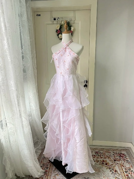 Pink Prom Dress Long A Line Halter With Tiered Formal Evening Gown For Teens Women RC0399