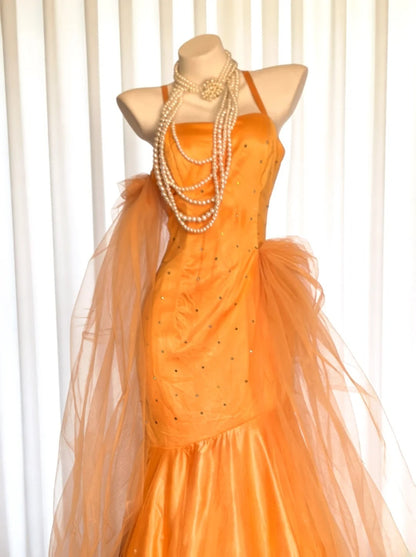 Vintage 90s Mermaid Spaghetti Strap Orange Tulle For Women Long Prom Dress 21st Birthday Outfits AS029