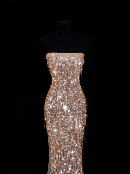 Affordable Sequin 1950s Formal Mermaid Strapless Champagne With Beads Style Impress Long Prom Dresses Party Formal Gowns SA029