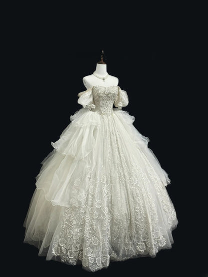 Fairy-tale Ball Gown Square Neck With Half Sleeves With Pearls Sequined Long Brides Gown Bridal Dress Wedding Dresses Style RB7400