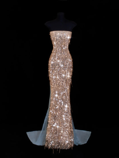 Affordable Sequin 1950s Formal Mermaid Strapless Champagne With Beads Style Impress Long Prom Dresses Party Formal Gowns SA029