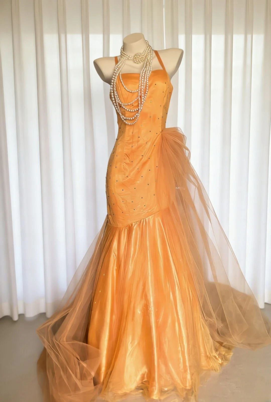 Vintage 90s Mermaid Spaghetti Strap Orange Tulle For Women Long Prom Dress 21st Birthday Outfits AS029
