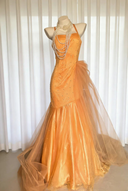 Vintage 90s Mermaid Spaghetti Strap Orange Tulle For Women Long Prom Dress 21st Birthday Outfits AS029