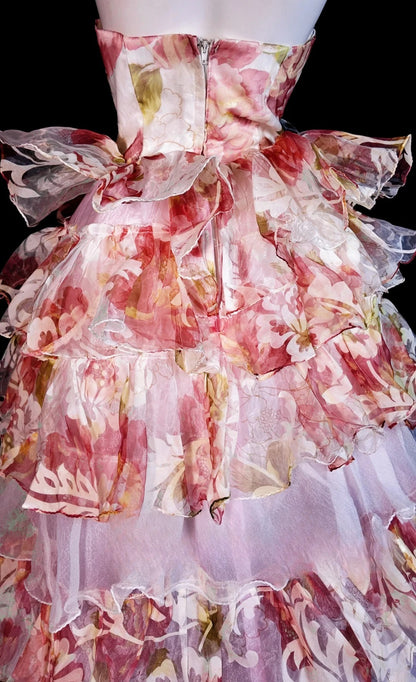 Floral Prom Dress Ball Gown Strapless Pink High Low Modest Formal Party Gown RB9833