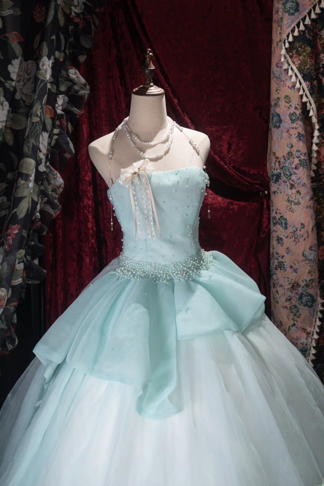 Sweet Ball Gown Strapless Tiffany Blue Tulle With Pearls Long Quince Dress Quinceanera Dresses Formal Birthday Outfits RB8054