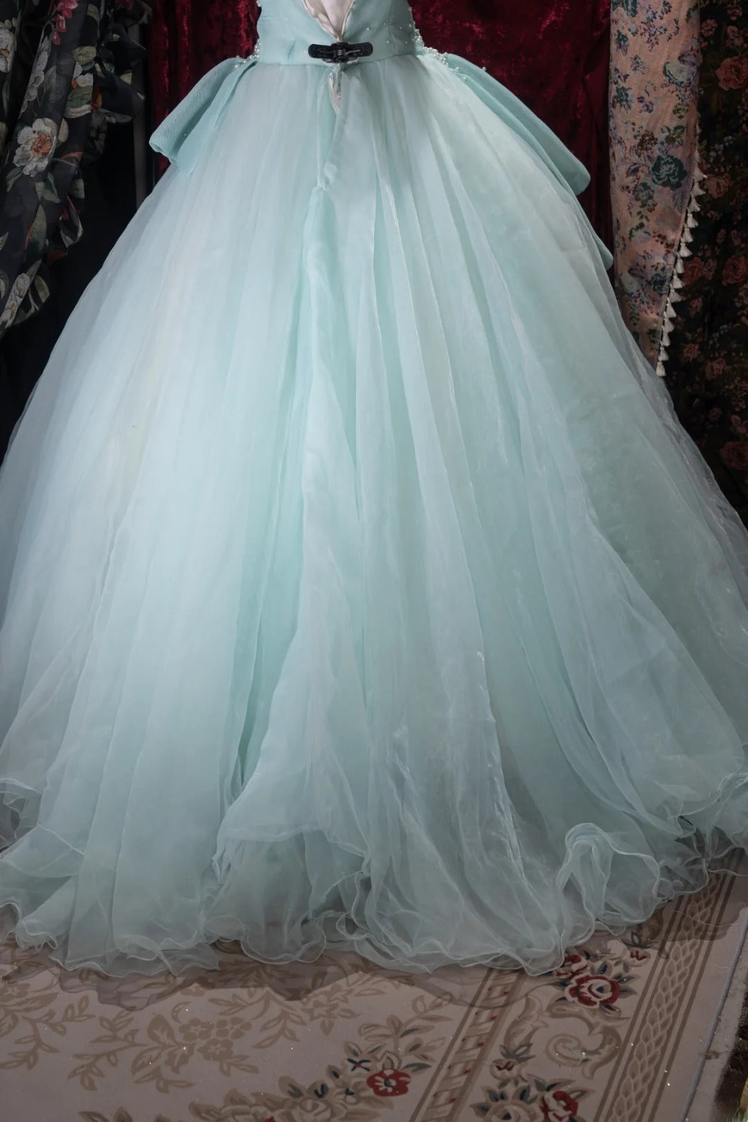 Sweet Ball Gown Strapless Tiffany Blue Tulle With Pearls Long Quince Dress Quinceanera Dresses Formal Birthday Outfits RB8054