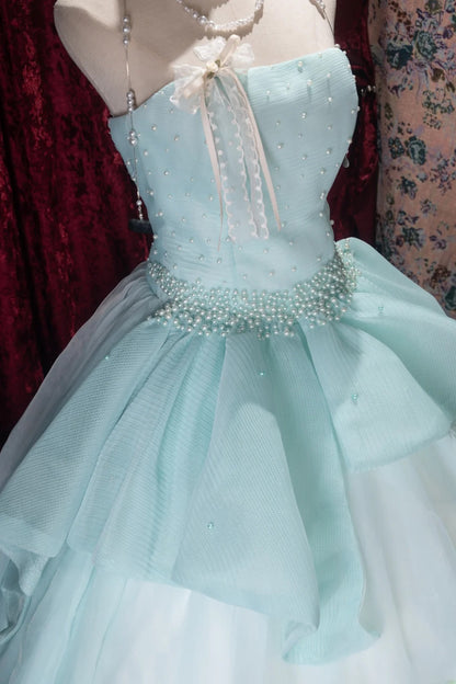 Sweet Ball Gown Strapless Tiffany Blue Tulle With Pearls Long Quince Dress Quinceanera Dresses Formal Birthday Outfits RB8054