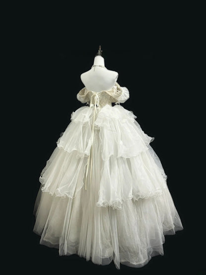Fairy-tale Ball Gown Square Neck With Half Sleeves With Pearls Sequined Long Brides Gown Bridal Dress Wedding Dresses Style RB7400