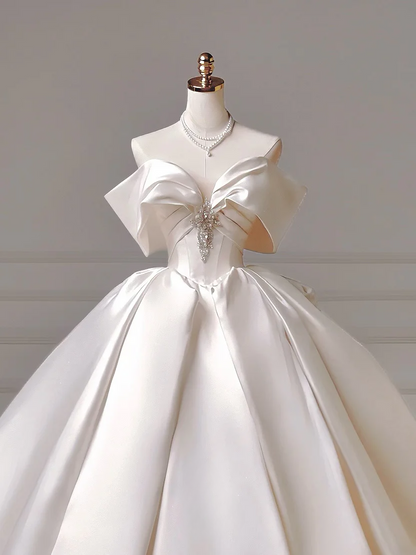Princess Long Wedding Gowns Ball Gown Off The Shoulder Satin For Bride With Short Sleeves Bridal Dresses AQ030