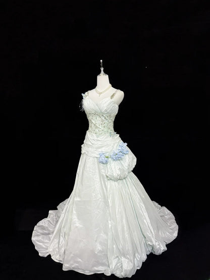 Vintage Mermaid Spaghetti Strap White Taffeta With Beading Long Brides Gown Bridal Dress Wedding Dresses Style RB7401