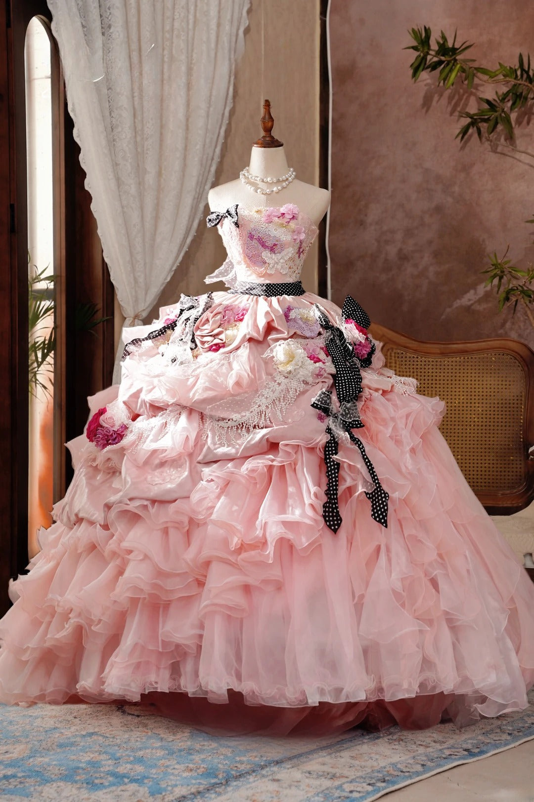 Elegant Quinceanera Dress Lace Pink Strapless 3D Flowers Floor Length Sweet 15 Celebration Formal Gown RB9024