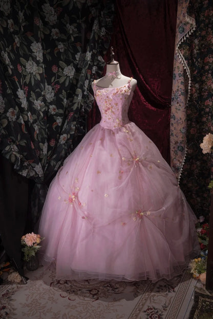 Sweet Ball Gown Spaghetti Straps Pink Tulle With Gold Beading Long Quince Dress Quinceanera Dresses Formal Birthday Outfits RB8055