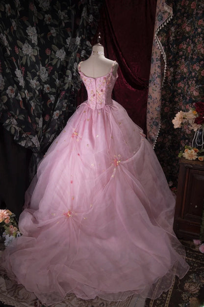 Sweet Ball Gown Spaghetti Straps Pink Tulle With Gold Beading Long Quince Dress Quinceanera Dresses Formal Birthday Outfits RB8055