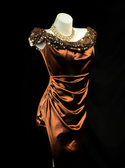 Modest Prom Dresses Mermaid Off The Shoulder Brown Satin With Sequin Evening Dress Formal Outfits RB5839