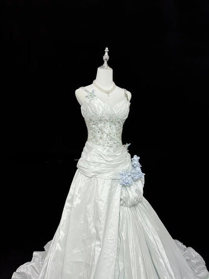Vintage Mermaid Spaghetti Strap White Taffeta With Beading Long Brides Gown Bridal Dress Wedding Dresses Style RB7401