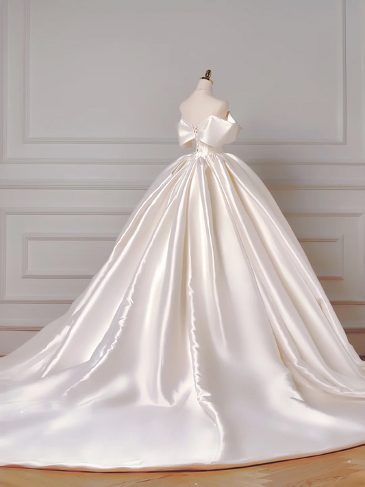 Princess Long Wedding Gowns Ball Gown Off The Shoulder Satin For Bride With Short Sleeves Bridal Dresses AQ030