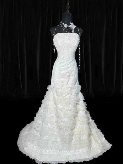 Elegant Mermaid Strapless Sleeveless White Lace Tiered Long Vintage Fitted 1920s Wedding Dresses AS030