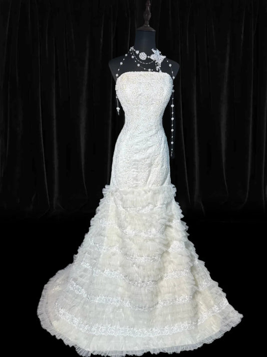 Elegant Mermaid Strapless Sleeveless White Lace Tiered Long Vintage Fitted 1920s Wedding Dresses AS030